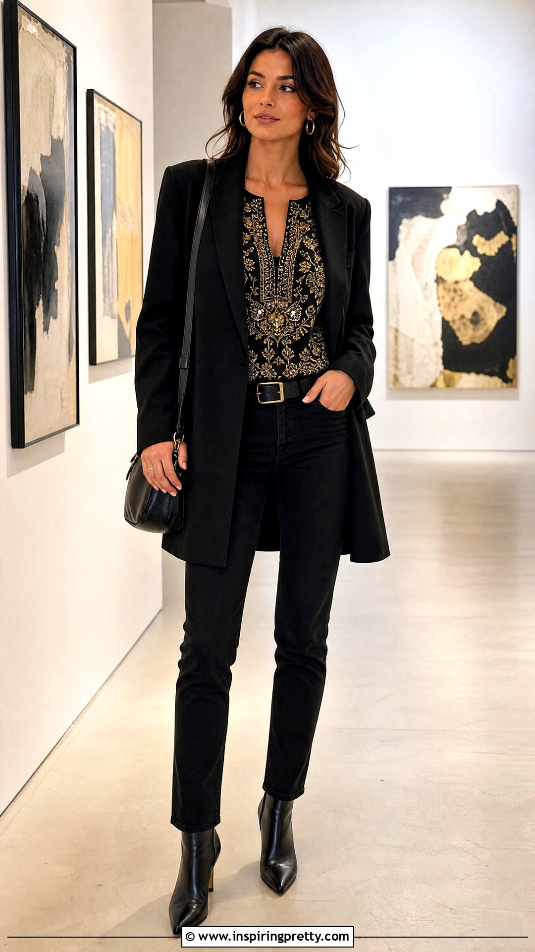 Metallic Embroidered Top With Black Jeans - 50 embellished top outfit ideas