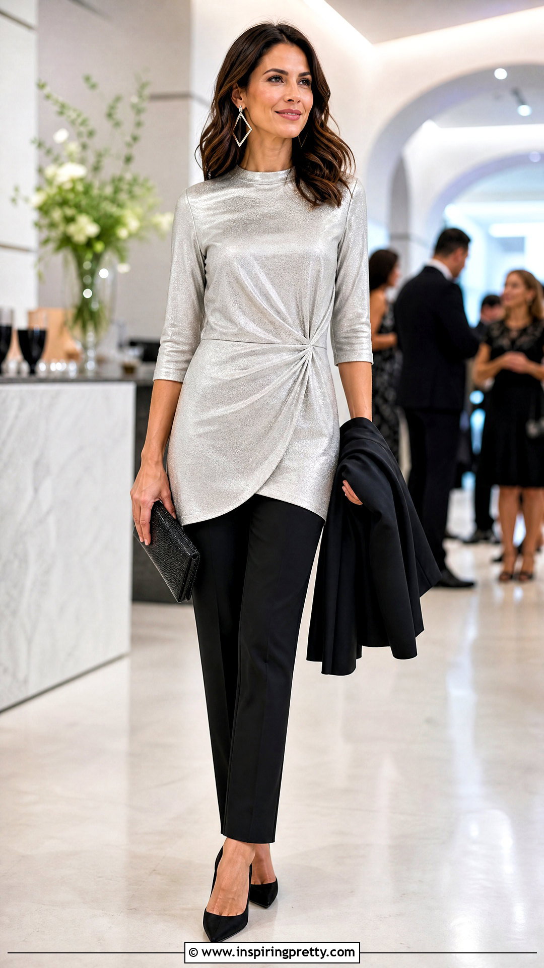Metallic Evening Tunic Top With Black Trousers - 20 evening tunic tops outfit ideas