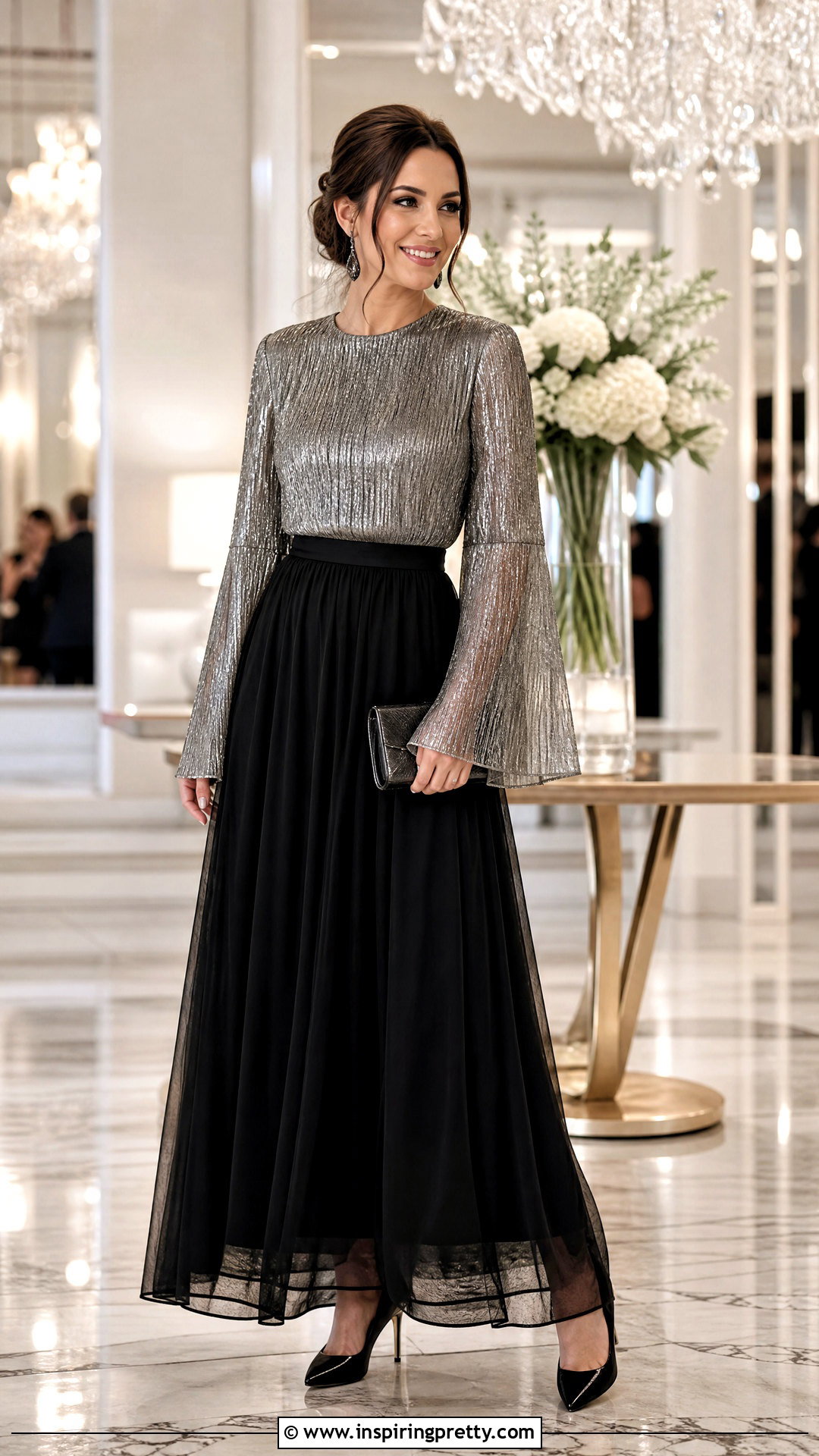 Metallic Flared Sleeve Top With Black Maxi Skirt - 50 flared sleeves tops