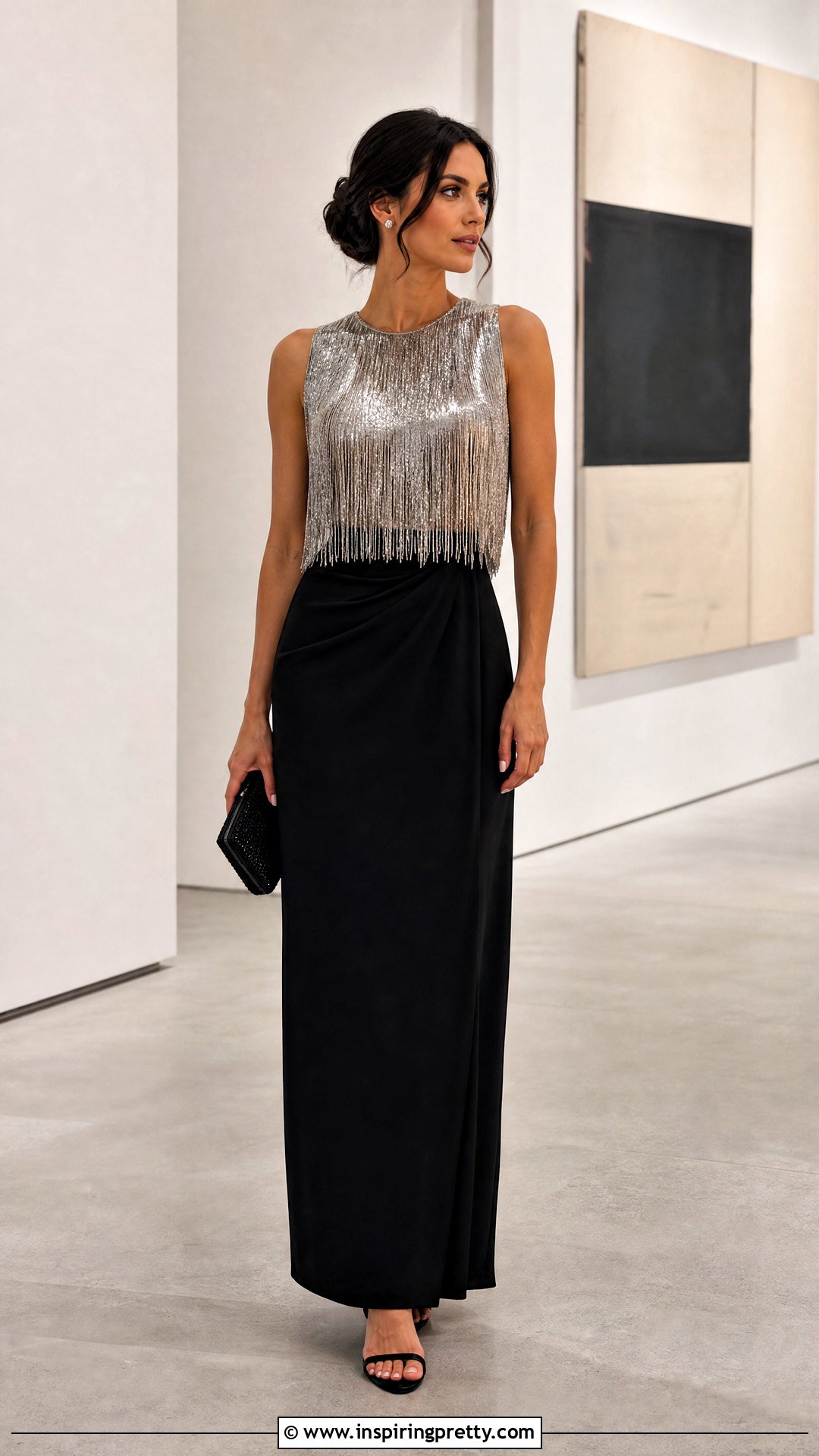 Metallic Fringe Top With Black Maxi Skirt - 20 metallic fringe top outfit ideas