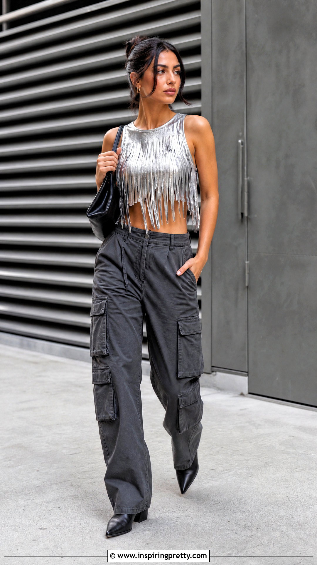Metallic Fringe Top With Cargo Pants - 20 metallic fringe top outfit ideas