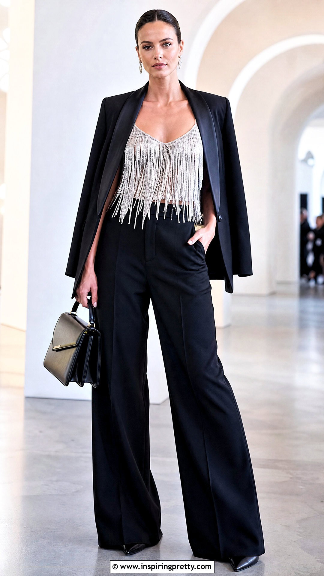 Metallic Fringe Top With Matching Blazer And Pants - 20 metallic fringe top outfit ideas