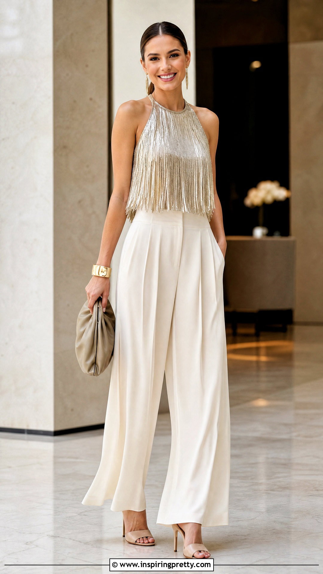 Metallic Fringe Top With Pleated Trousers - 20 metallic fringe top outfit ideas