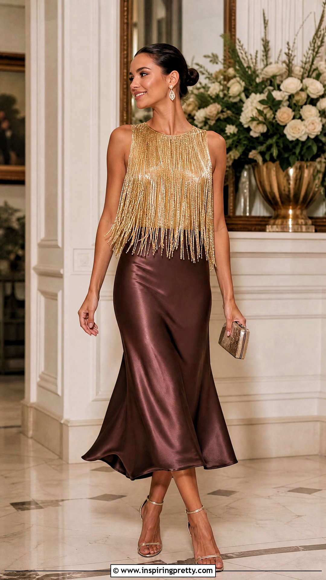 Metallic Fringe Top With Satin Midi Skirt - 20 metallic fringe top outfit ideas