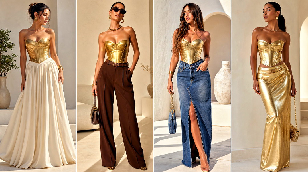 20 Metallic Gold Corset Top Outfit Ideas for Luxe Party Style