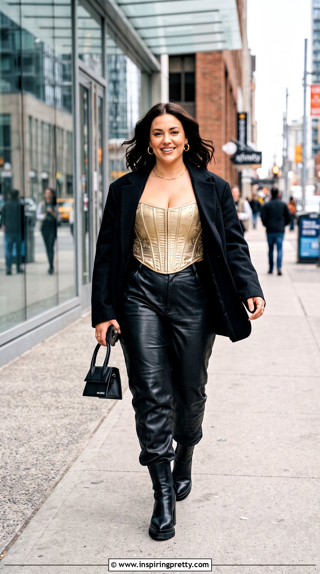 Metallic Gold Corset Top With Black Leather Pants - 20 metallic gold corset top outfit ideas