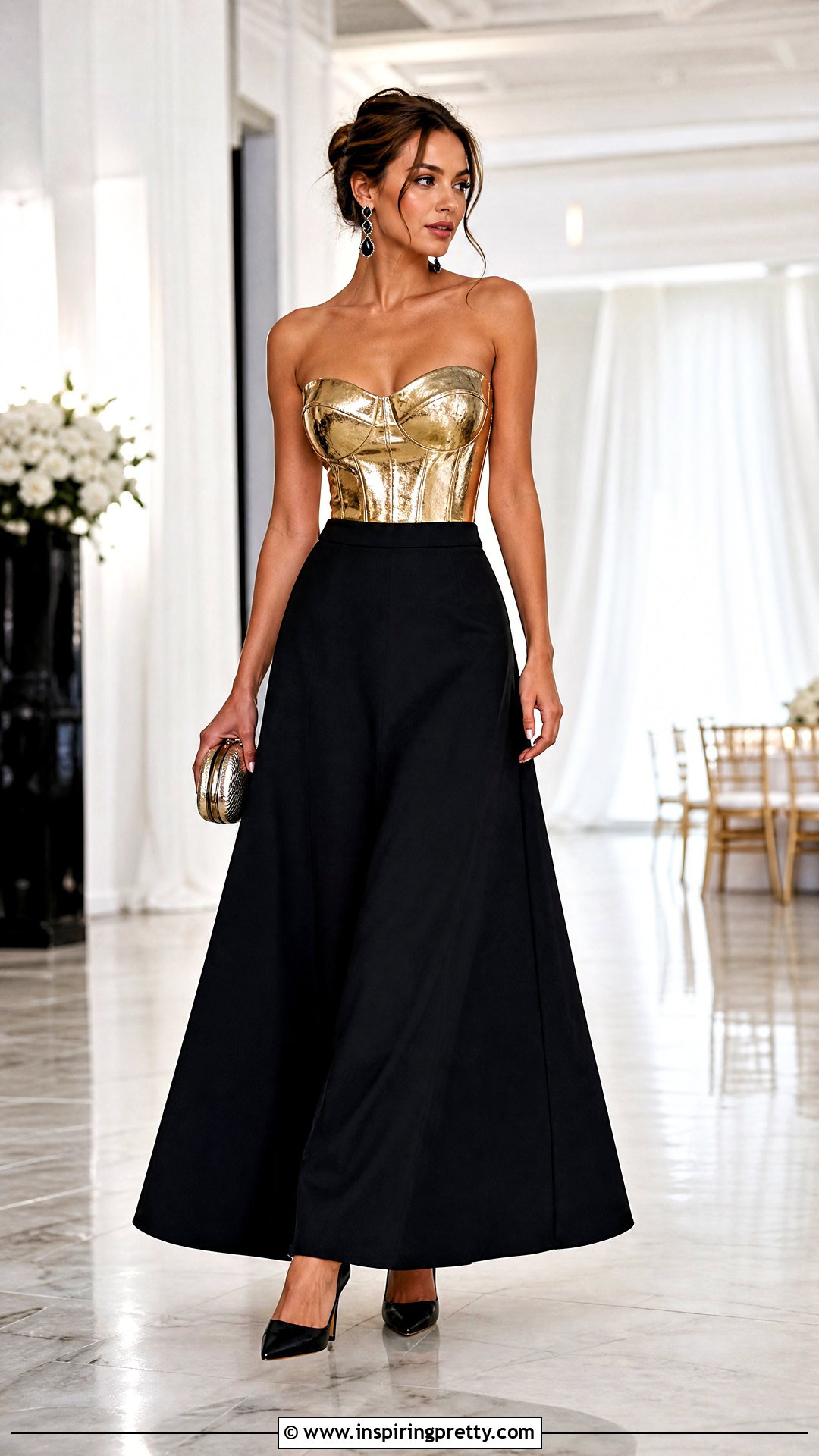 Metallic Gold Corset Top With Black Maxi Skirt - 20 metallic gold corset top outfit ideas