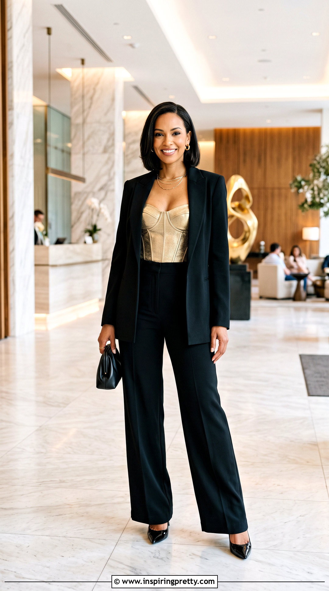 Metallic Gold Corset Top With Black Suit - 20 metallic gold corset top outfit ideas