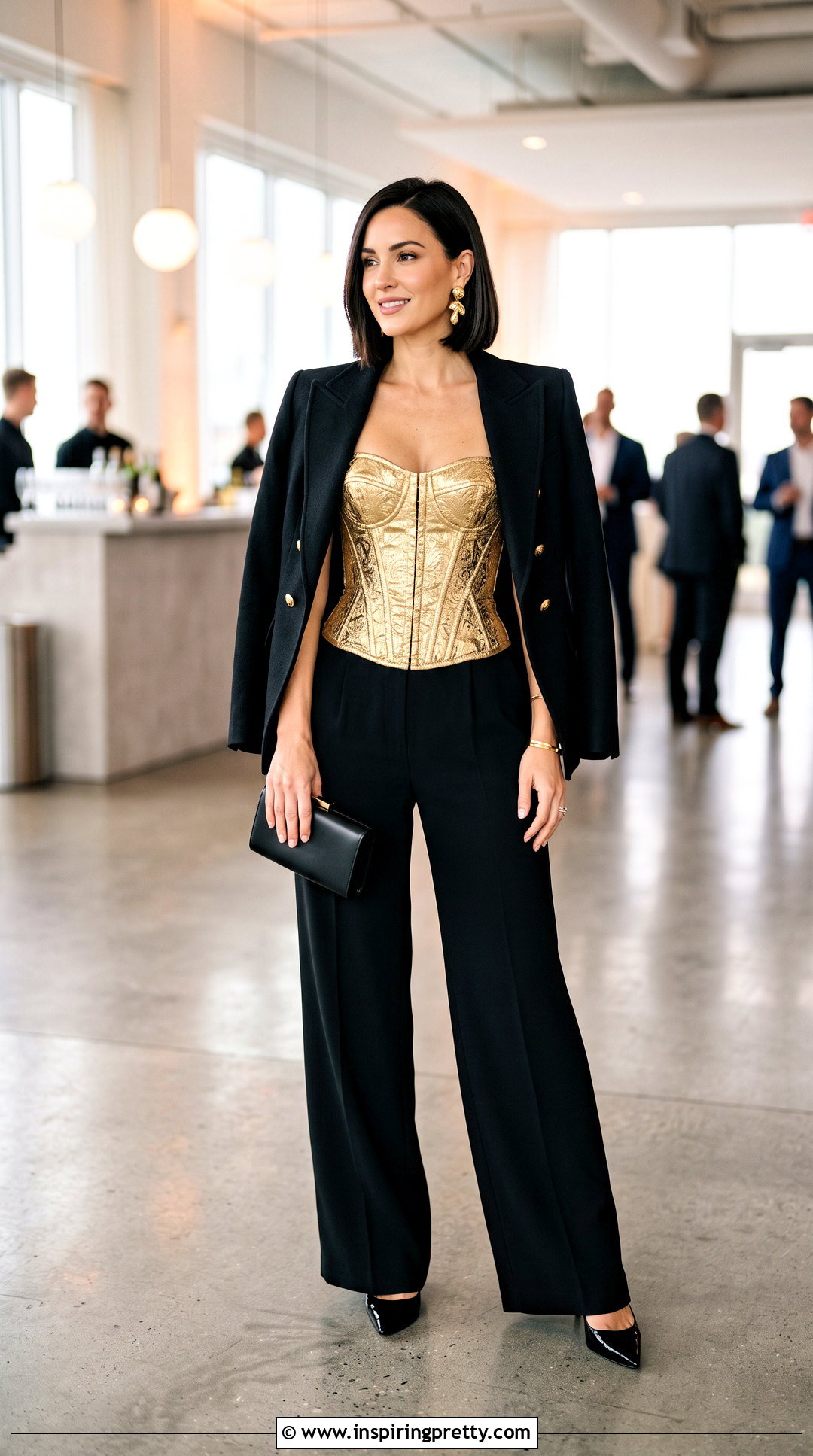 Metallic Gold Corset Top With Black Wide Leg Pants - 20 metallic gold corset top outfit ideas