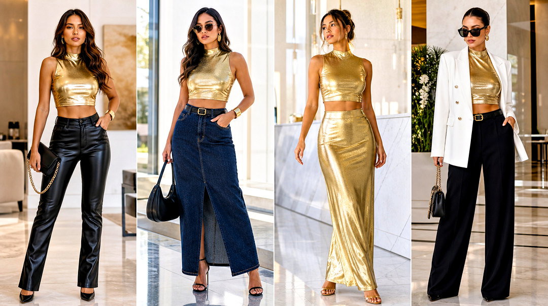 20 Metallic Gold Crop Top Outfit Ideas for Luxe Party Style