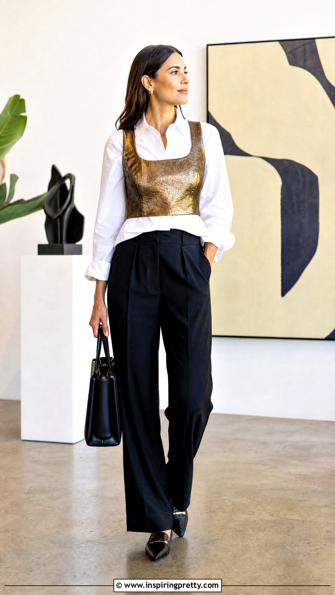 Metallic Gold Crop Top Over A White Shirt With Black Pants - 20 metallic gold crop top outfit ideas