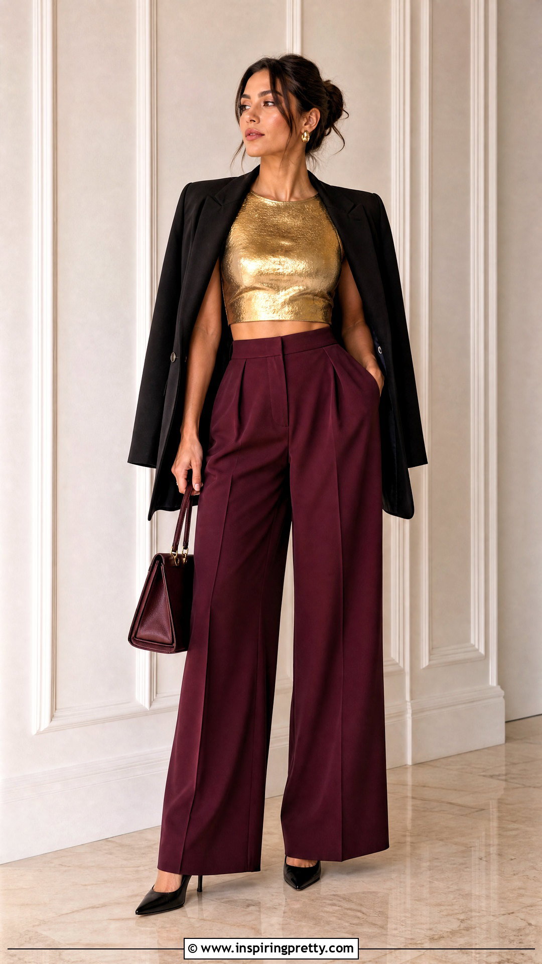 Metallic Gold Crop Top With Burgundy Trousers - 20 metallic gold crop top outfit ideas