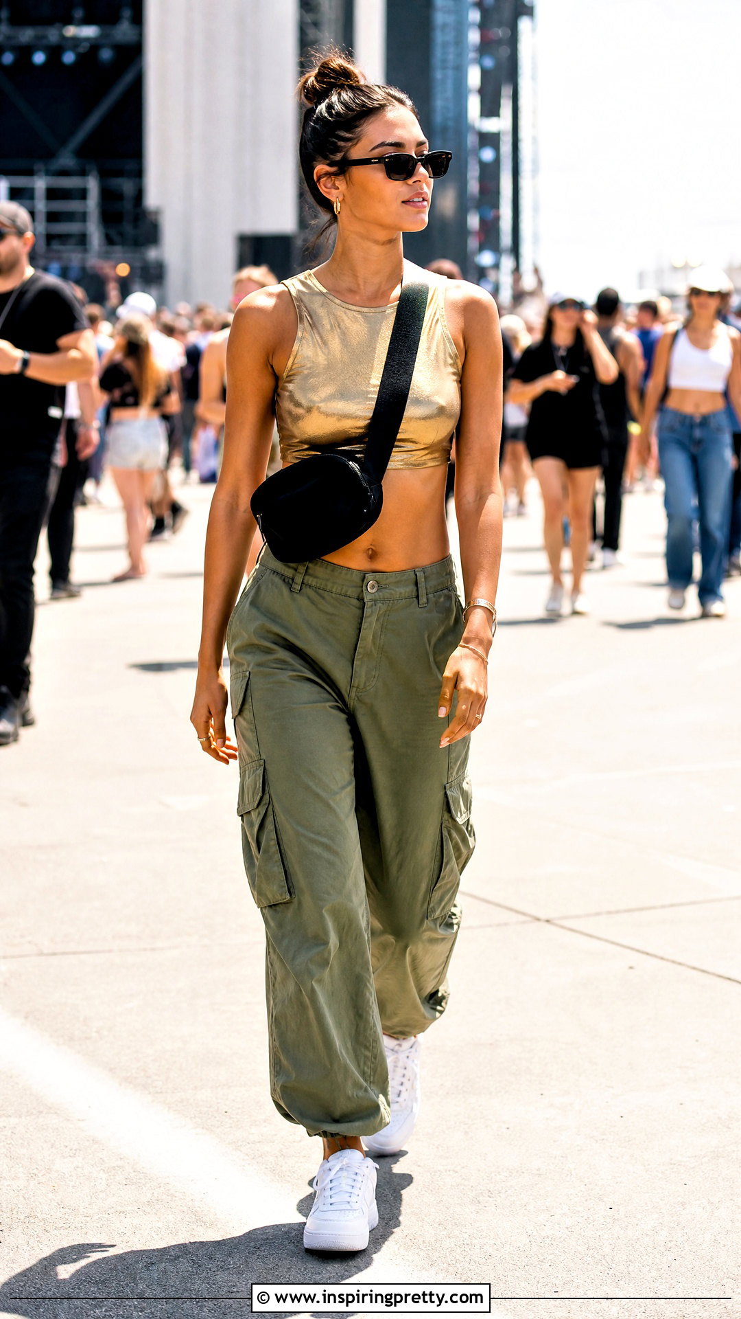Metallic Gold Crop Top With Olive Cargo Pants - 20 metallic gold crop top outfit ideas