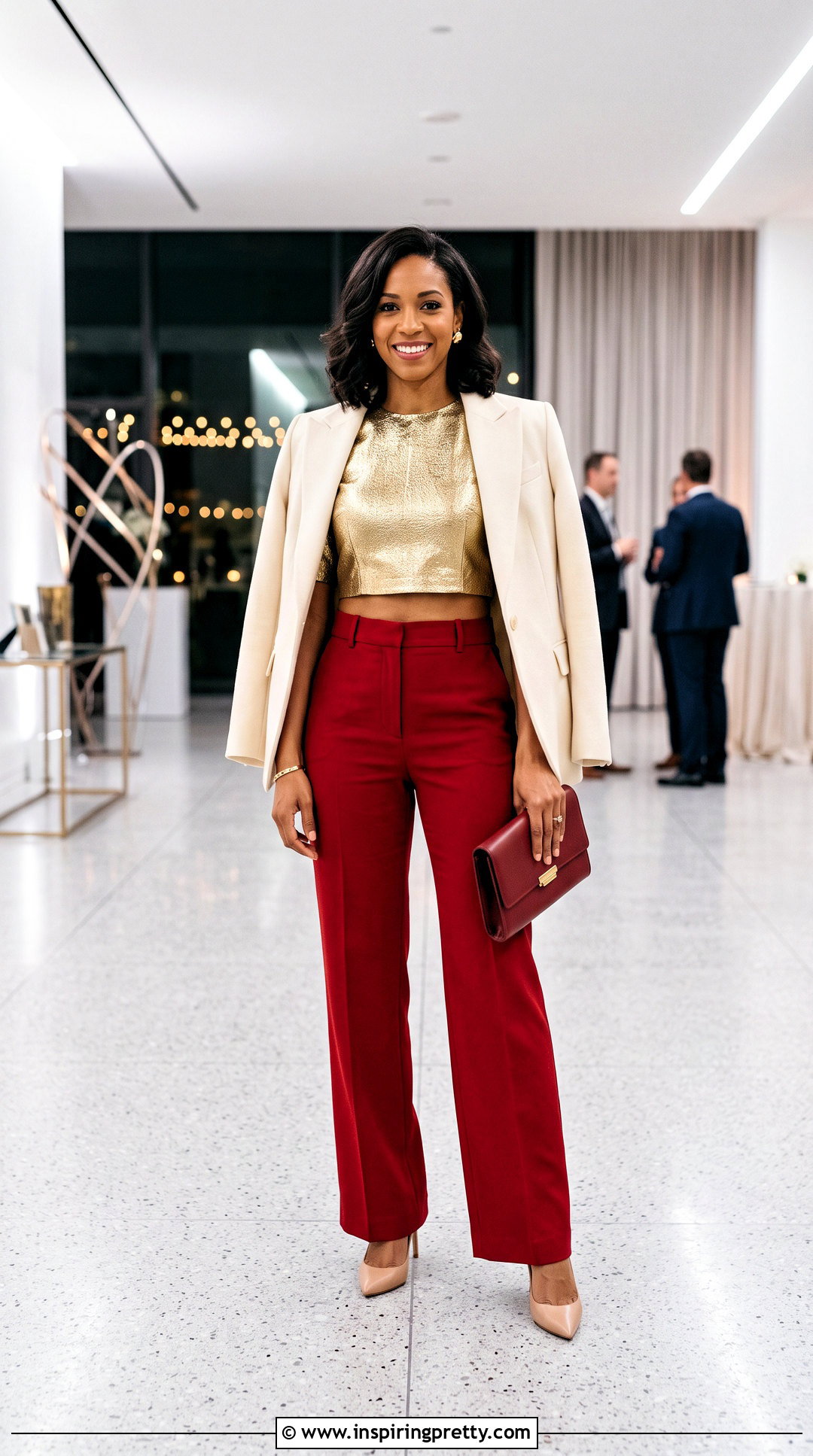 Metallic Gold Crop Top With Red Tailored Pants - 20 metallic gold crop top outfit ideas