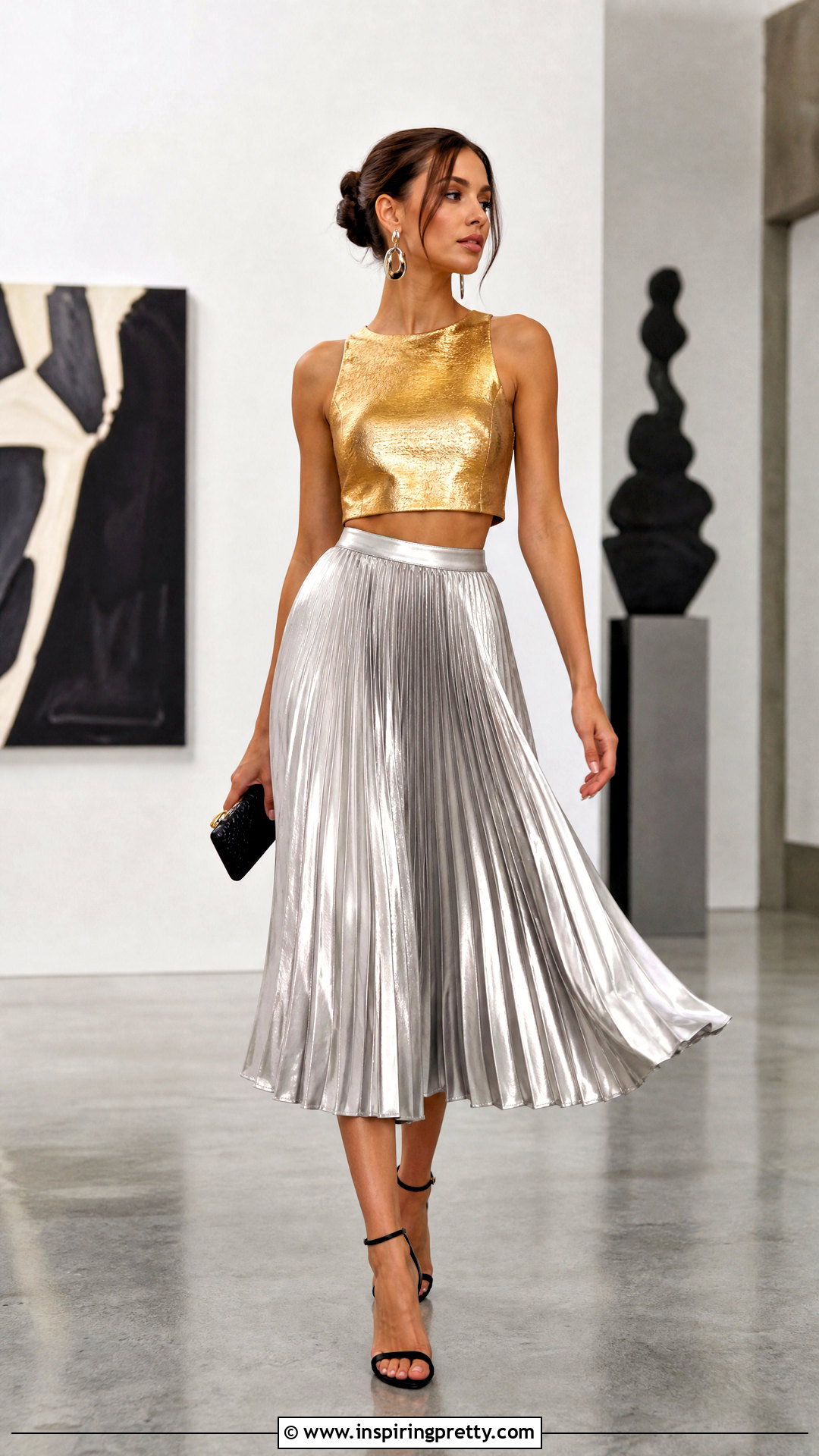 Metallic Gold Crop Top With Silver Pleated Midi Skirt - 20 metallic gold crop top outfit ideas