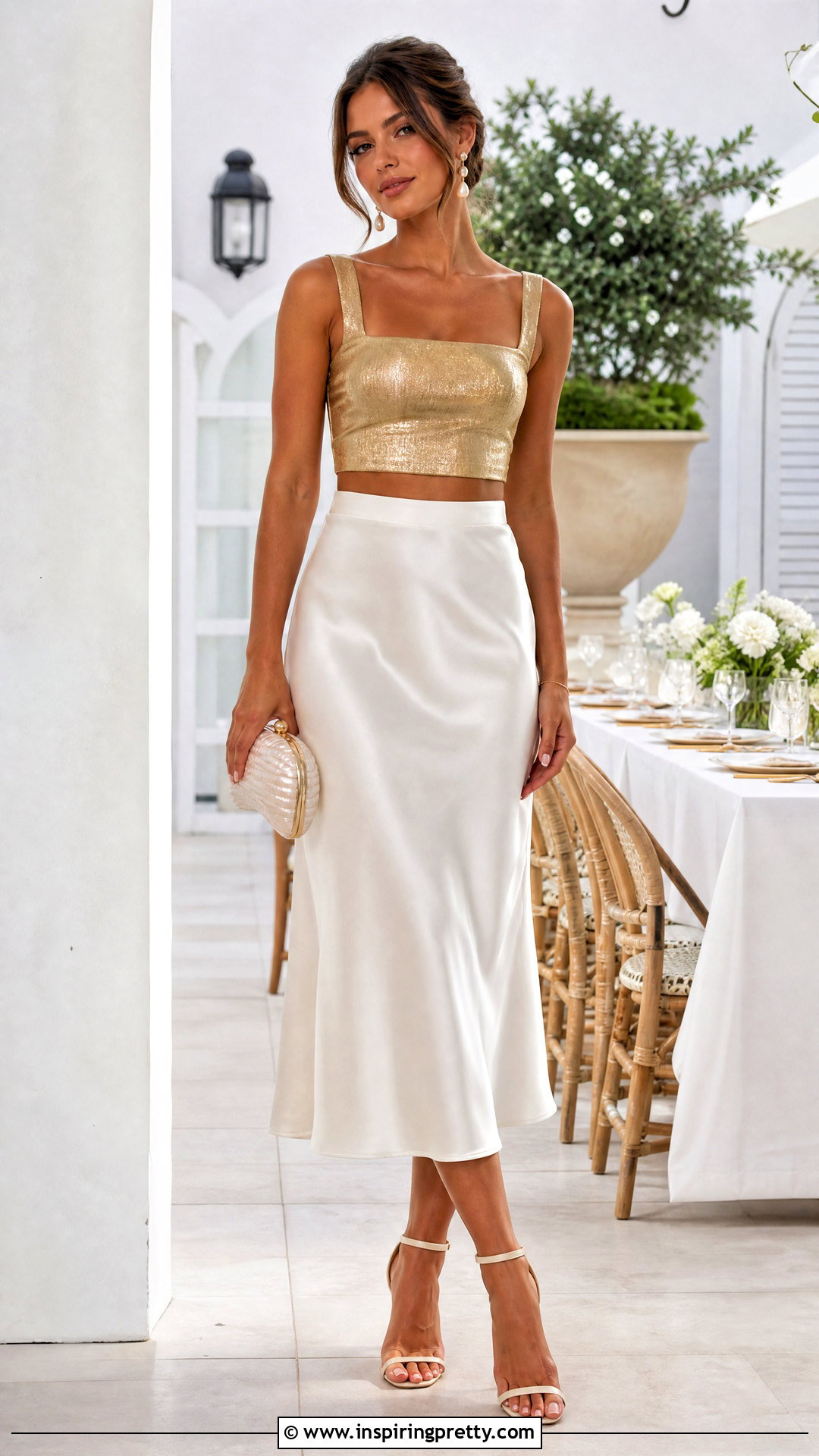 Metallic Gold Crop Top With White Satin Midi Skirt - 20 metallic gold crop top outfit ideas