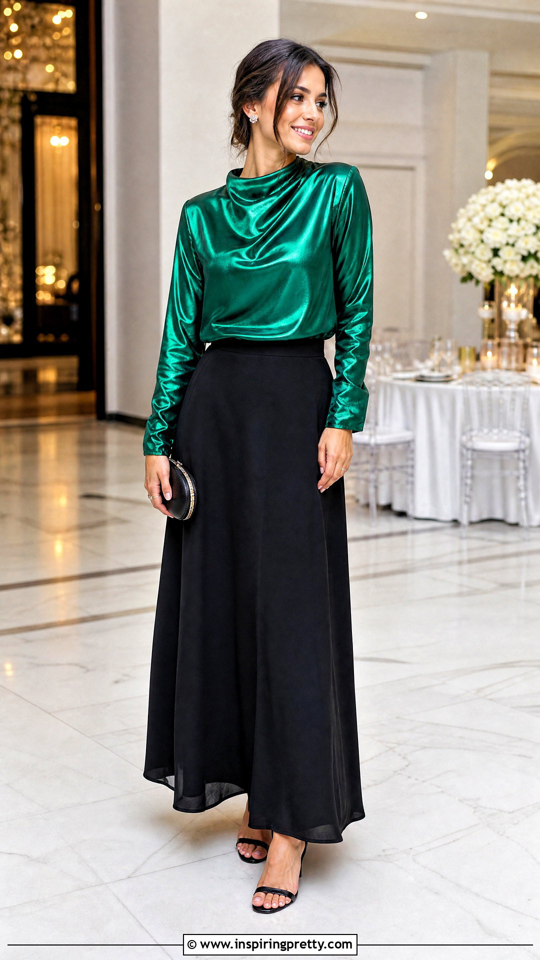 Metallic Green Top With Black Maxi Skirt - 25 Fancy Green Top outfit ideas