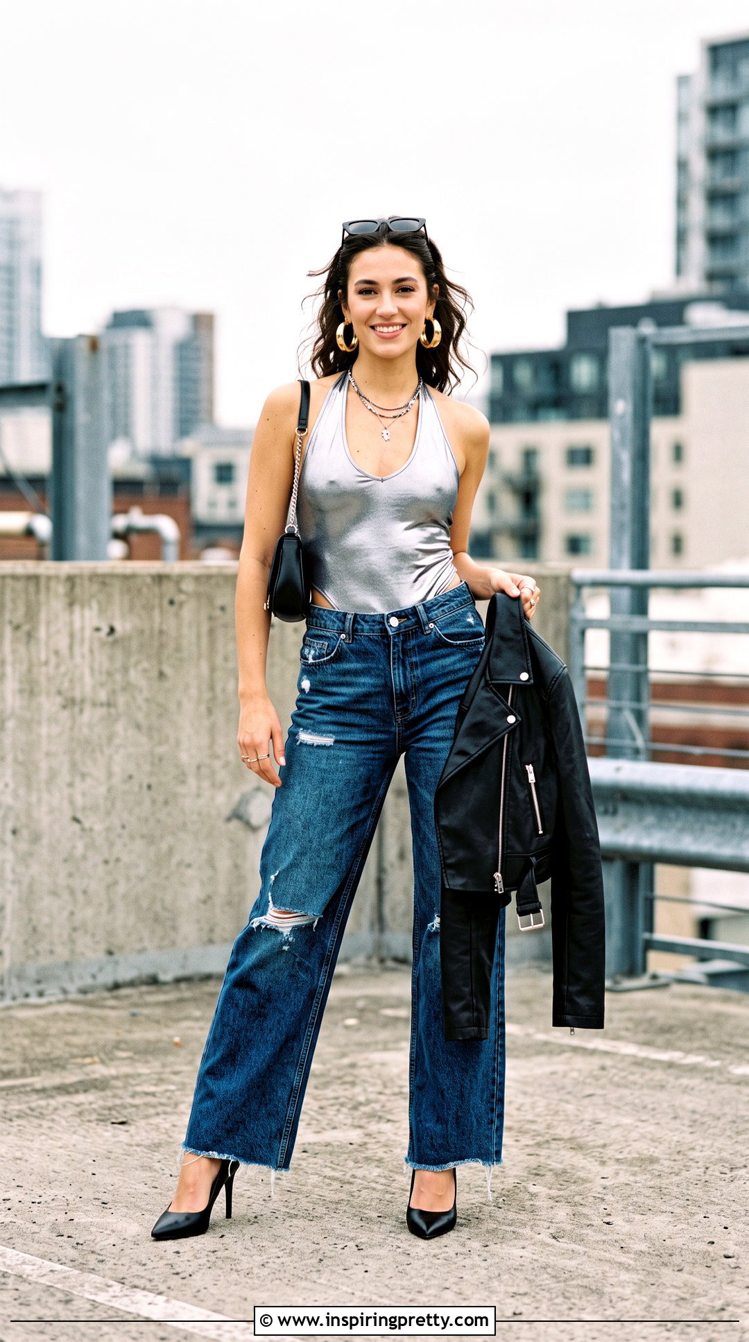 Metallic Halter Top With Wide Leg Jeans - 25 shiny tops for women