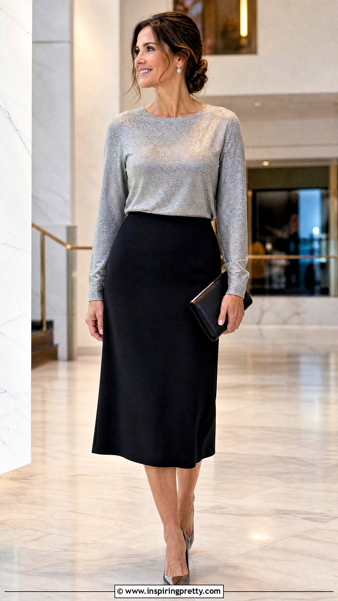 Metallic Knit Top With Black Midi Skirt - 50 textured top outfit ideas