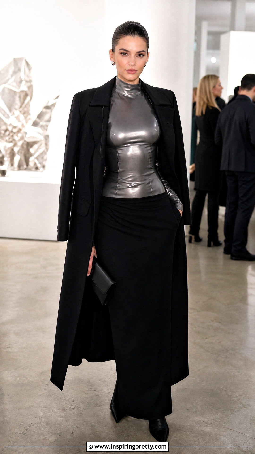 Metallic Latex Top With Black Maxi Skirt - 50 latex top outfit ideas