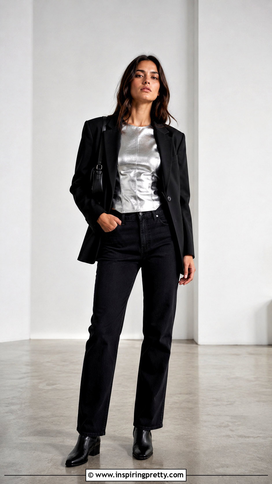 Metallic Leather Top With Black Jeans - 20 leather top outfit ideas