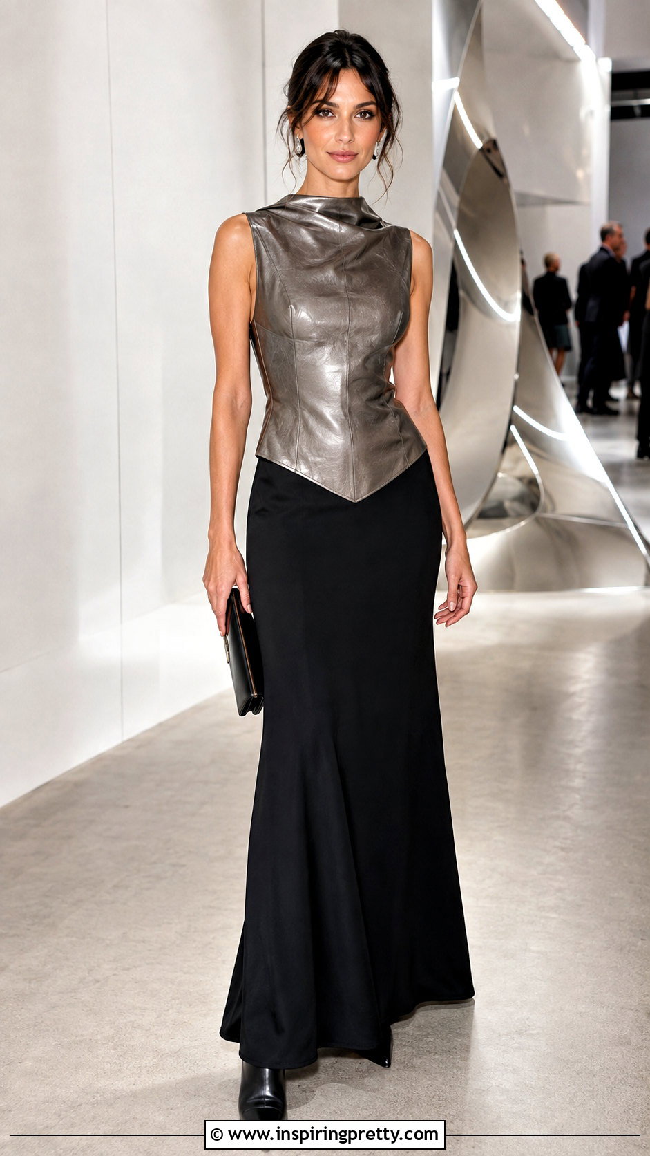 Metallic Leather Top With Black Maxi Skirt - 50 leather tops outfit ideas