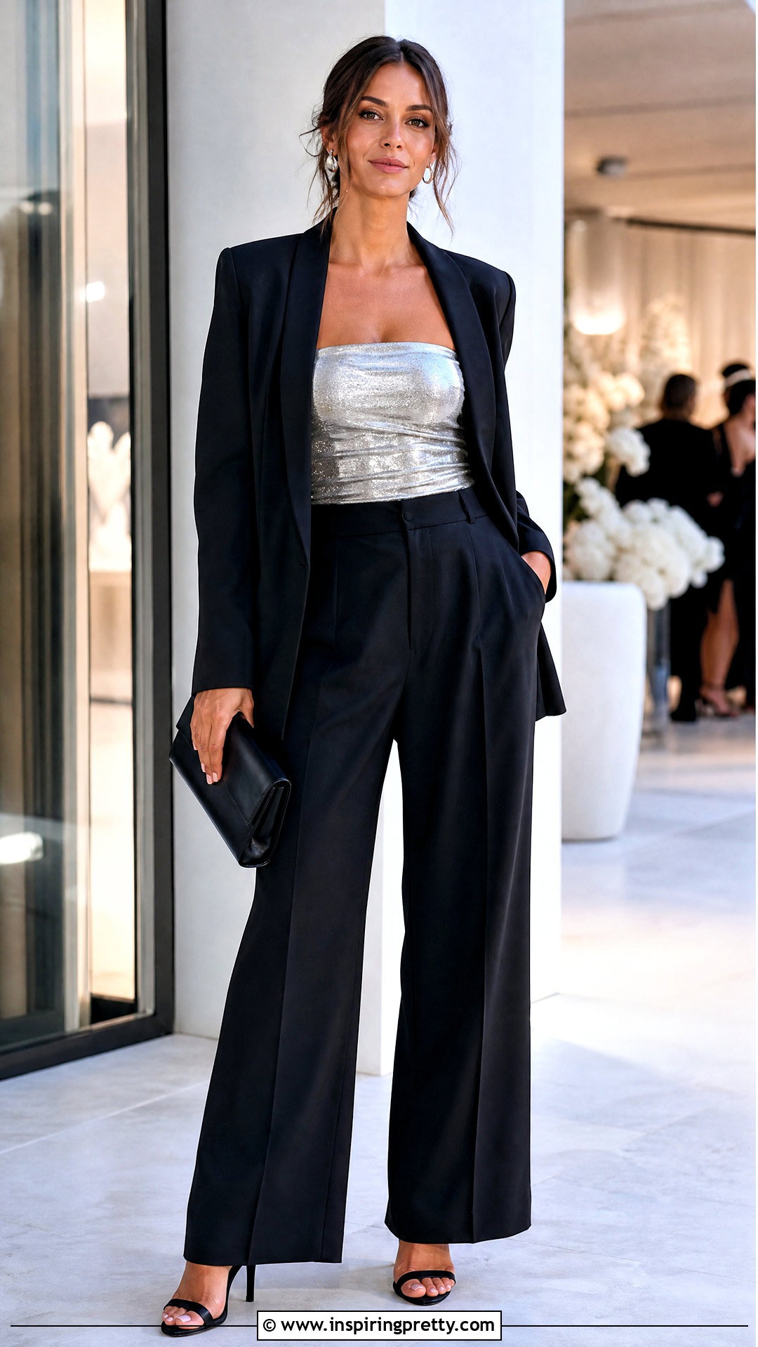Metallic Long Tube Top With Black Trousers - 50 Long Tube Top Outfit ideas