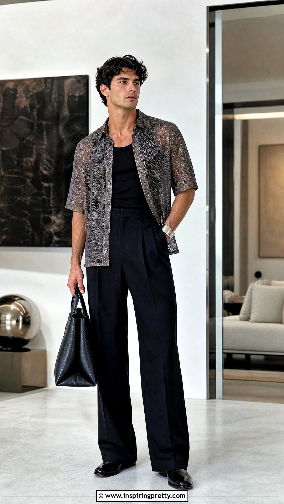 Metallic Mesh Top With Tailored Trousers - 20 men’s mesh top outfit ideas