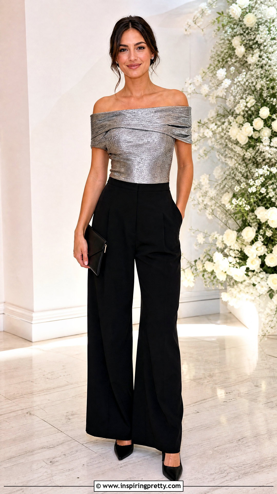 Metallic Off Shoulder Top With Black Pants - 50 offshoulder outfit tops outfit ideas