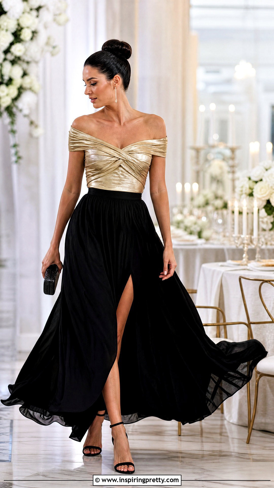Metallic Off Shoulder Top With High Bun and Black Maxi Skirt - 50 hairstyle for off shoulder top outfit ideas