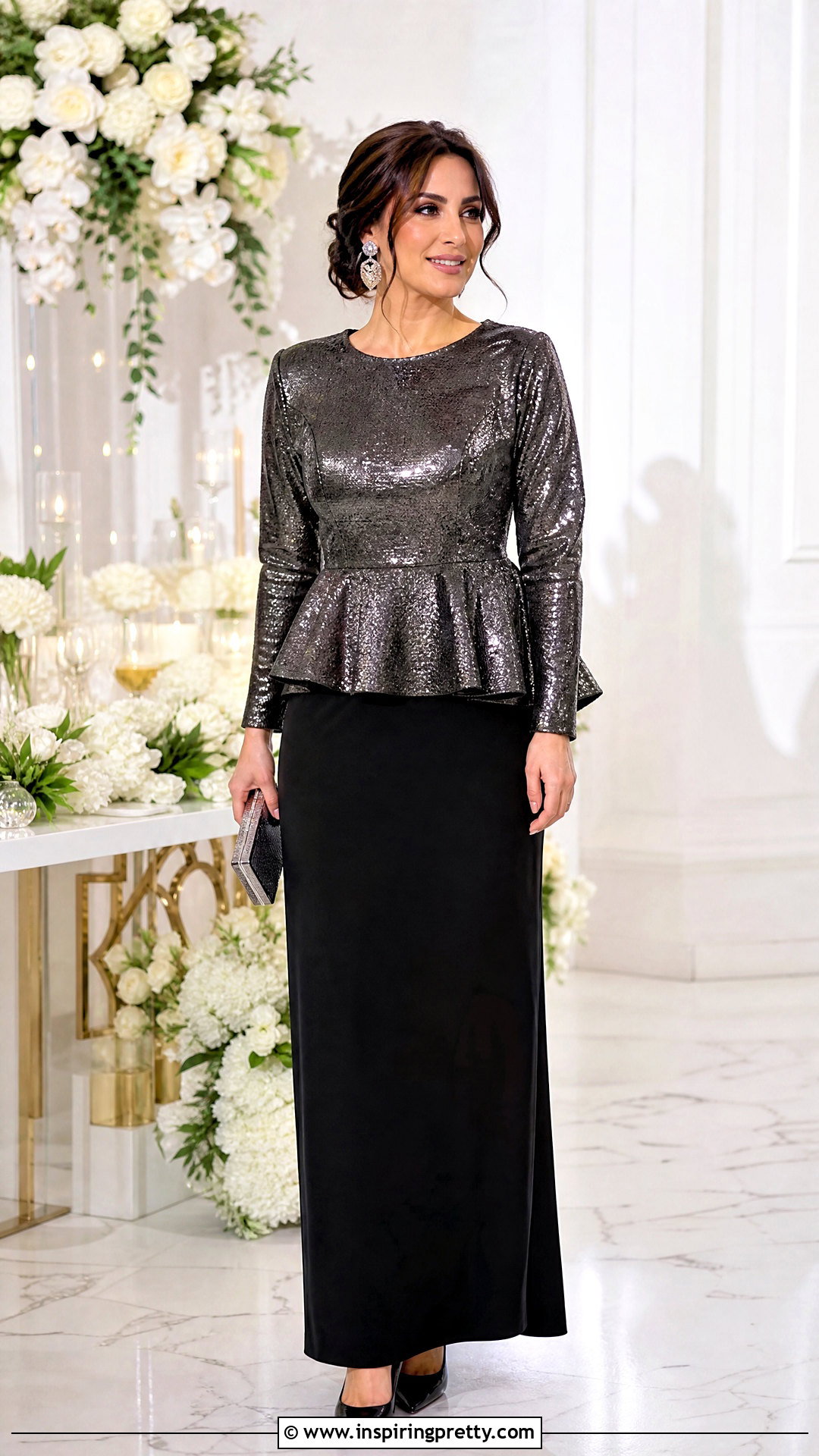 Metallic Peplum Top With Black Maxi Skirt - 20 skirt and peplum top outfit ideas
