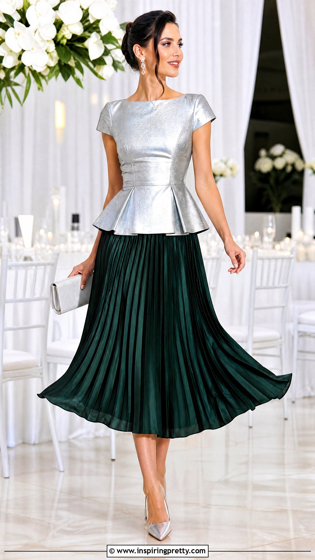 Metallic Peplum Top With Pleated Midi Skirt - 20 Metallic Peplum Top outfit ideas