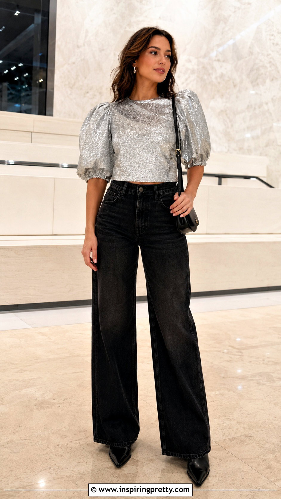 Metallic Puffy Sleeve Top With Black Jeans - 50 puffy sleeve top outfit ideas