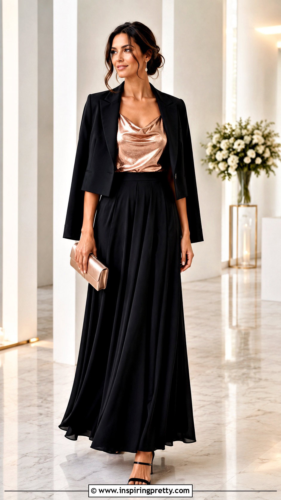 Metallic Rose Gold Top With Black Maxi Skirt - 20 Metallic Rose Gold Top outfit ideas