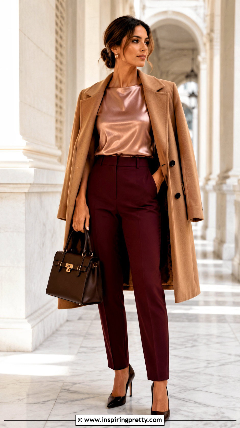 Metallic Rose Gold Top With Burgundy Trousers - 20 Metallic Rose Gold Top outfit ideas