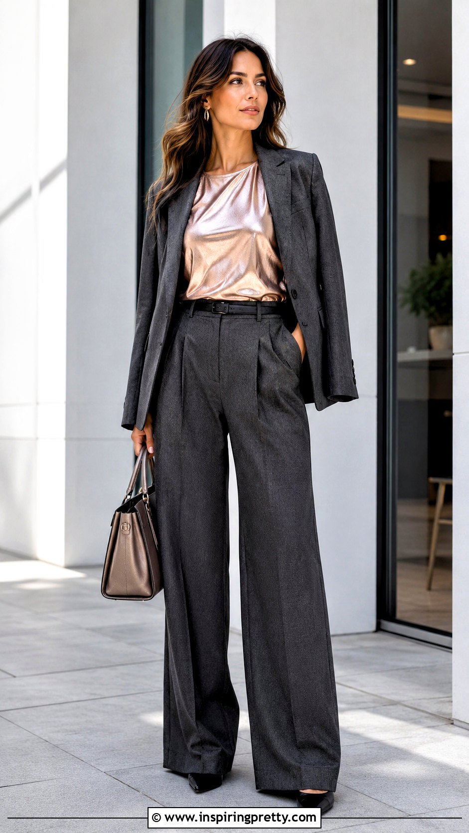 Metallic Rose Gold Top With Gray Tailored Pants - 20 Metallic Rose Gold Top outfit ideas