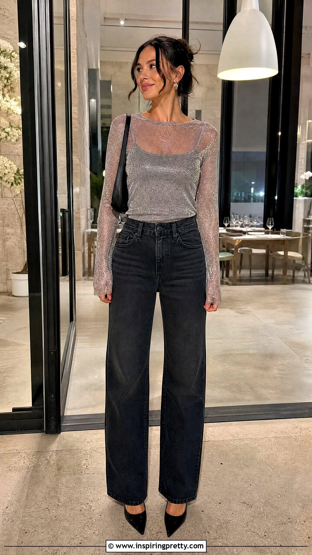 Metallic Sheer Top With Dark Jeans - 50 sheer top outfit ideas