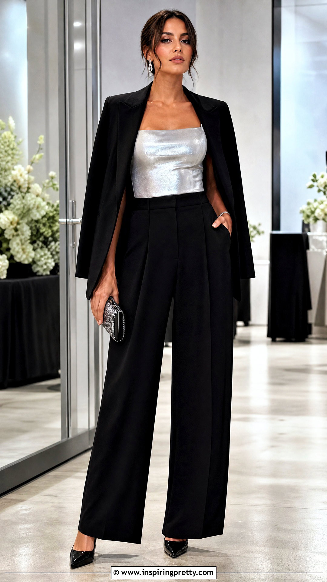 Metallic Square Neck Top With Black Trousers - 50 square neck tops outfit ideas