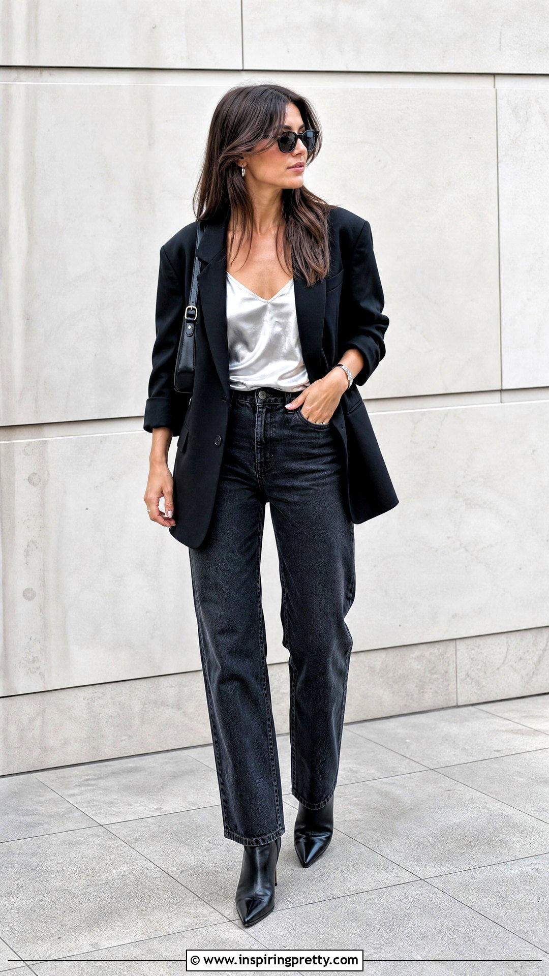 Metallic Top With Black Blazer And Jeans - How To Style Metallic Tops (20 Ways)