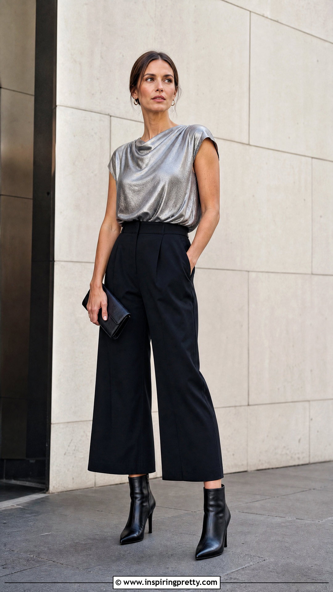 Metallic Top With Black Culottes - 50 fancy top outfit ideas