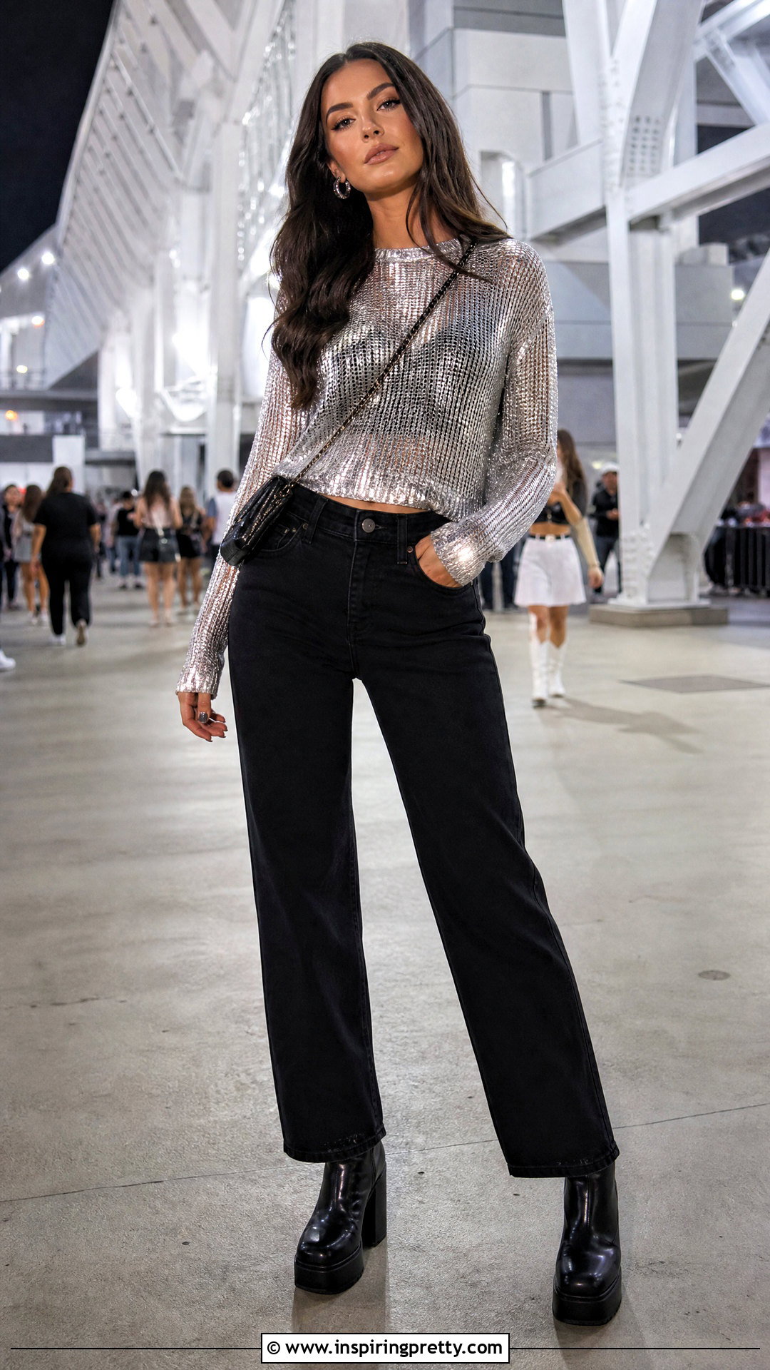 Metallic Top With Black Jeans Concert Outfit - 25 Concert Tops Summer Outfits