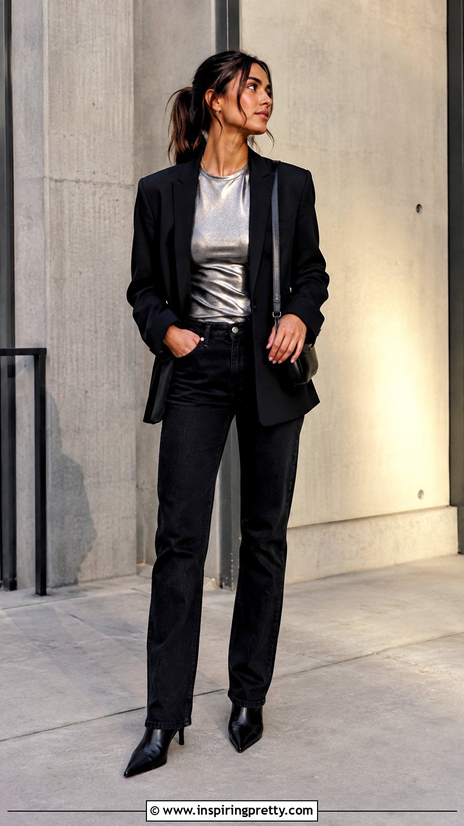 Metallic Top With Black Jeans - 50 fun tops outfit ideas