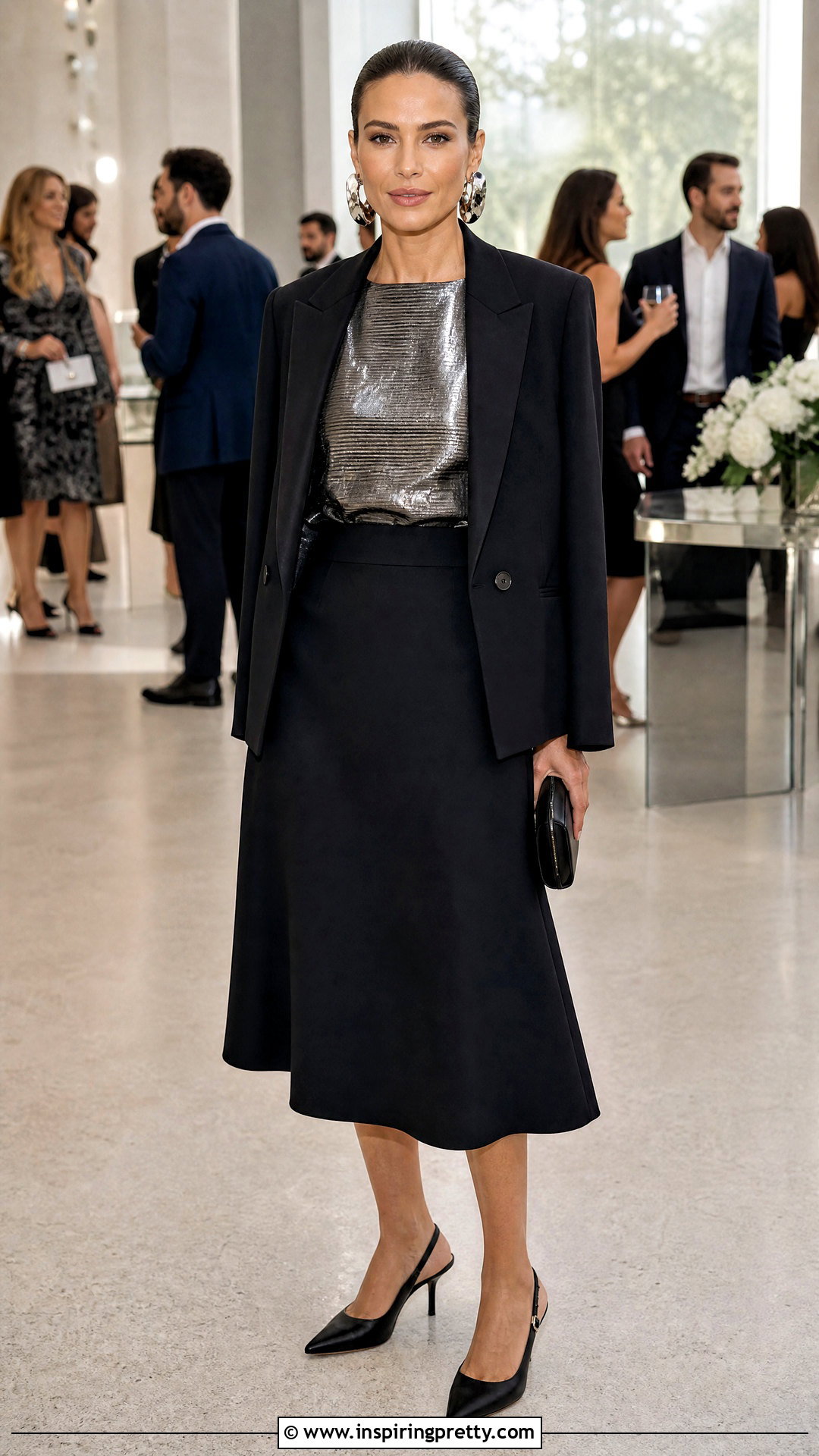 Metallic Top With Black Midi Skirt - 50 aesthetic tops for women