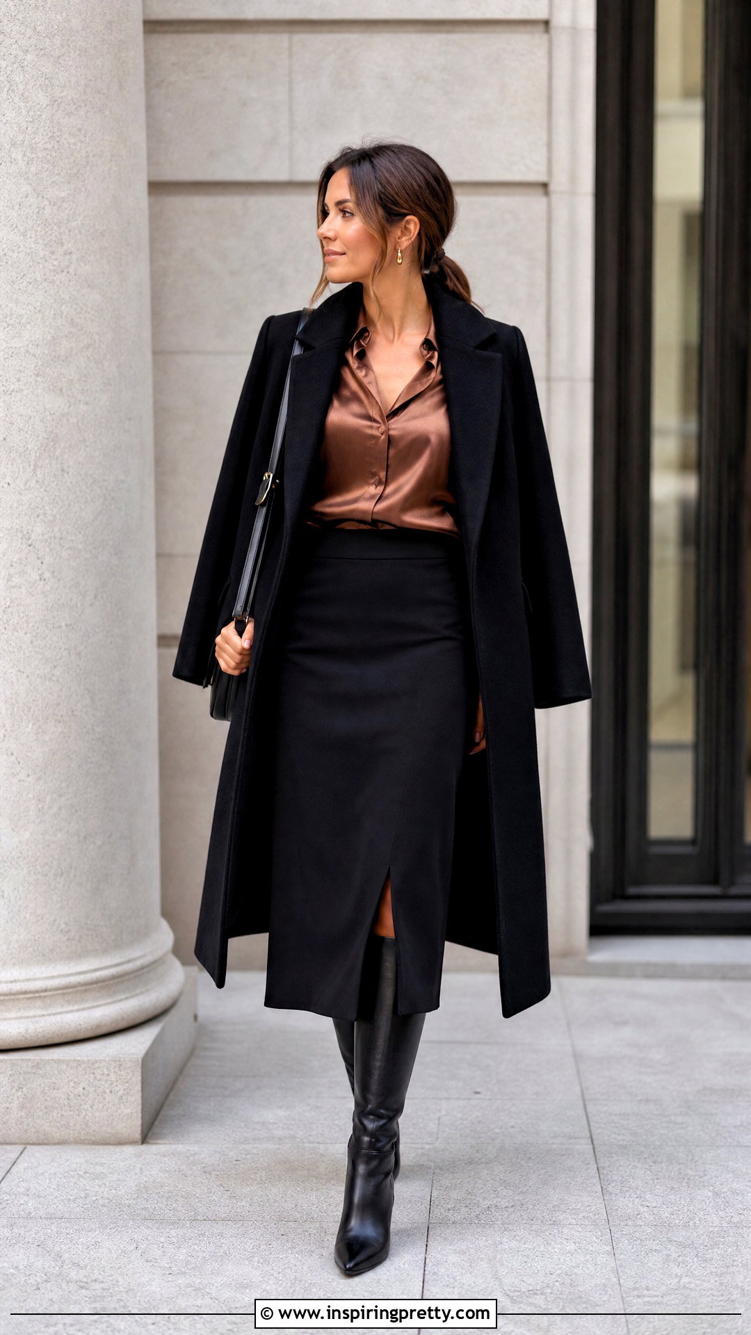 Metallic Top With Black Midi Skirt And Boots - How To Style Metallic Tops (20 Ways)