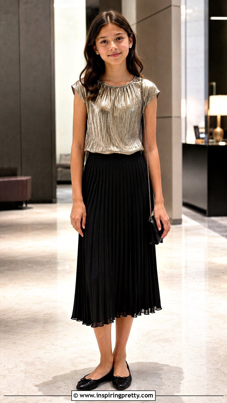 Metallic Top With Black Midi Skirt - 20 girls dressy tops outfit ideas