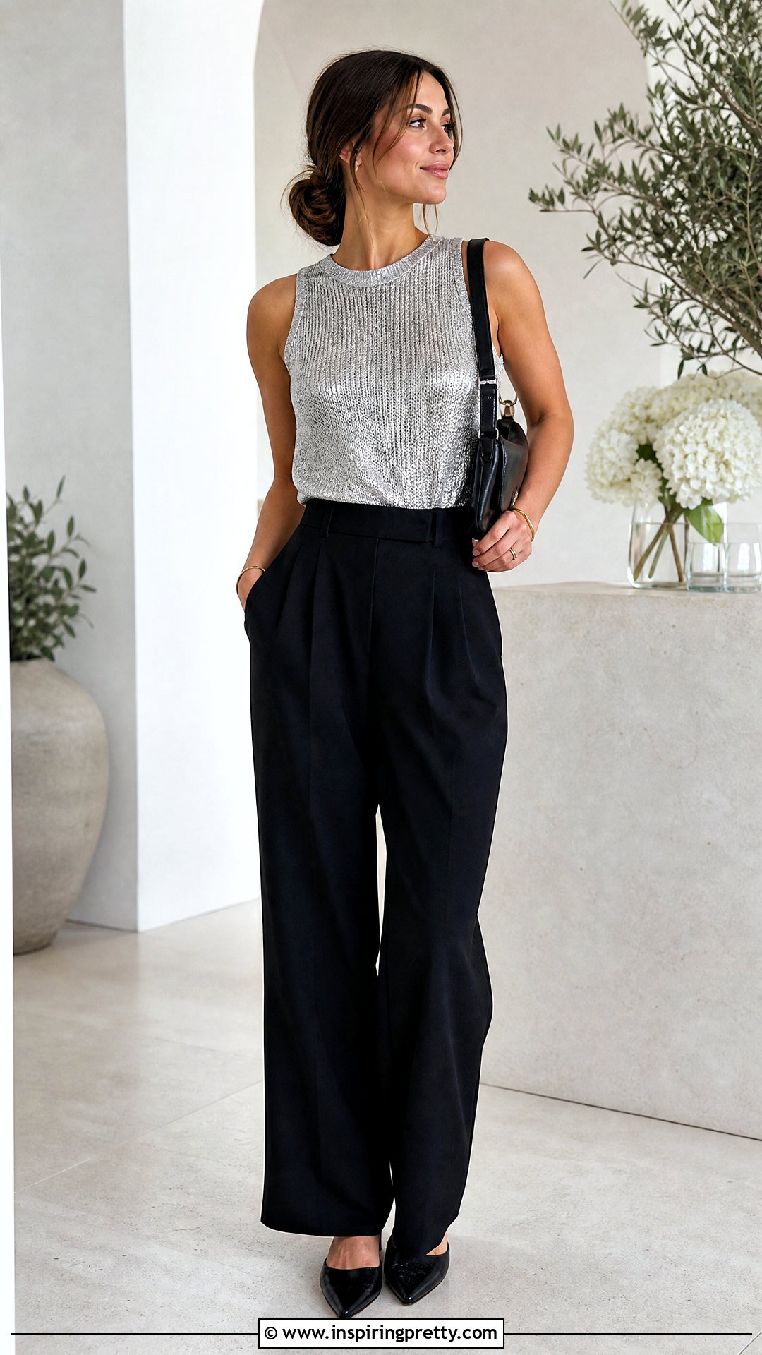 Metallic Top With Black Trousers - 20 Fashion Trends 2023 Spring Summer Women Shirts & Tops outfit ideas
