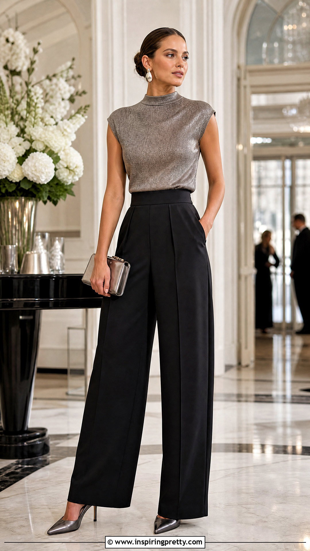 Metallic Top With Black Wide Leg Pants - 50 elegant tops for women