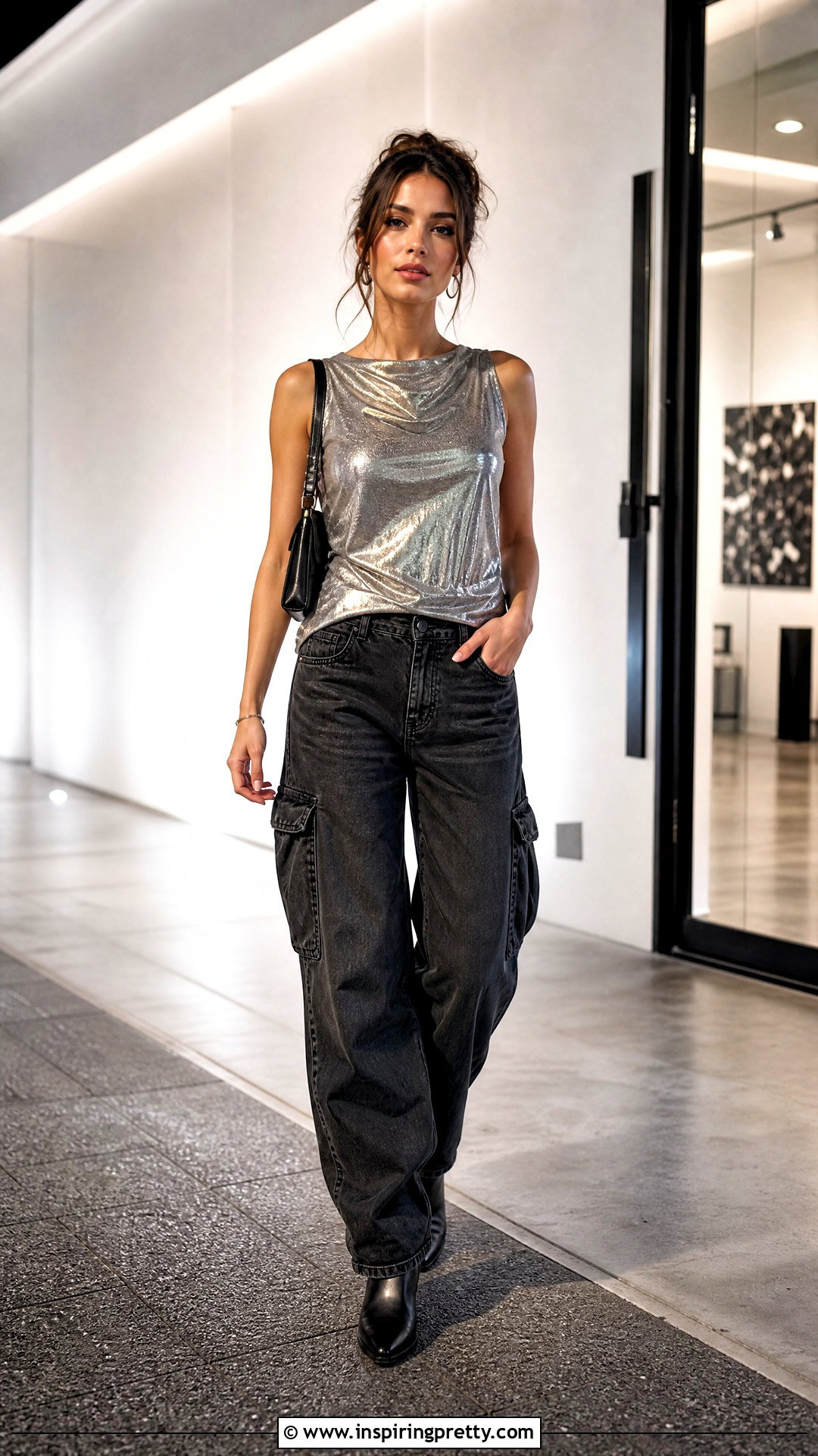 Metallic Top With Cargo Jeans - 50 cute aesthetic tops outfit ideas