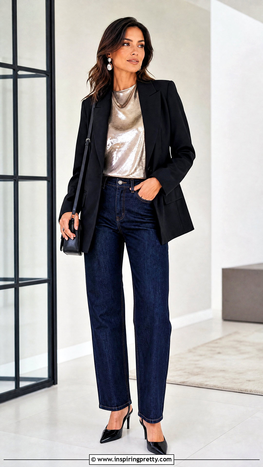 Metallic Top With Dark Denim - 50 dress tops outfit ideas