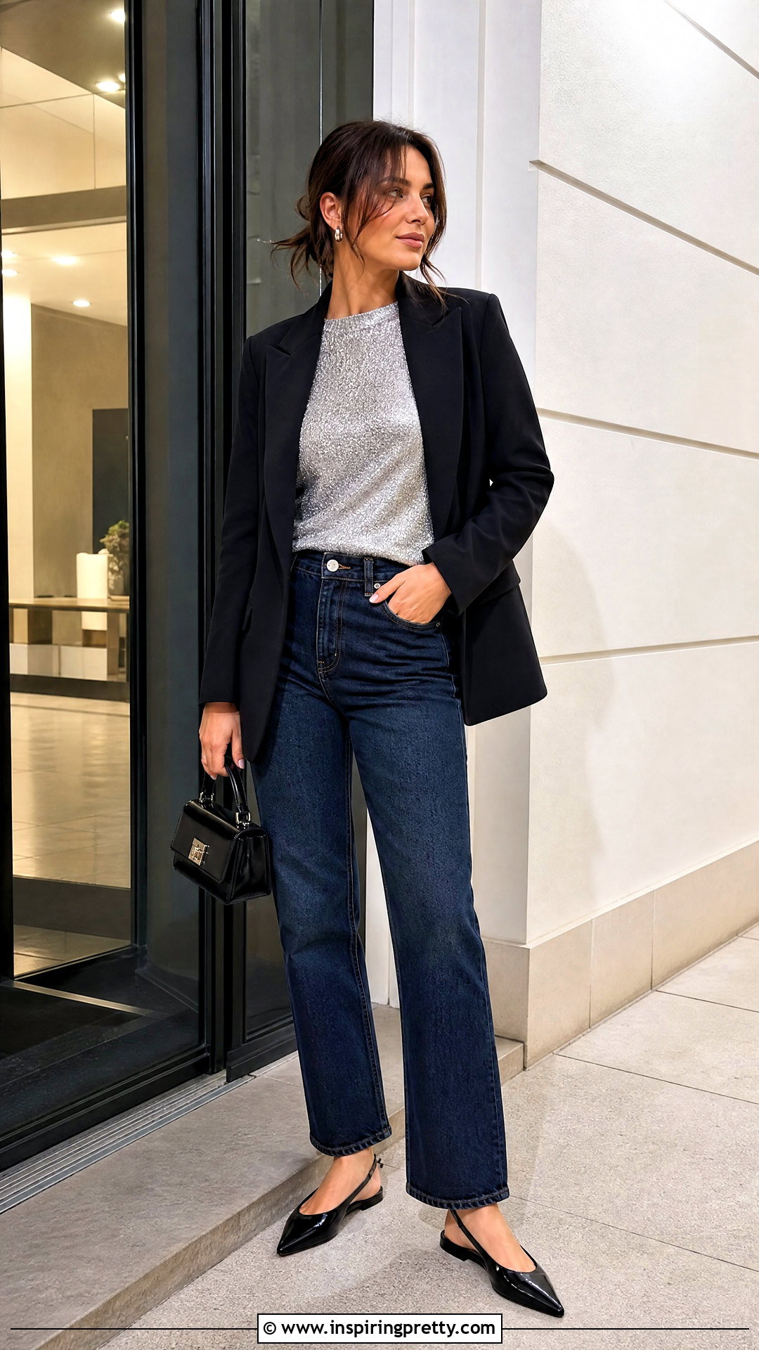Metallic Top With Dark Wash Jeans - 50 spring tops outfit ideas